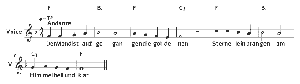 The opening bars of Der Mond ist aufgegangen by Johann Abraham Peter Schulz (arr.) in music notation.