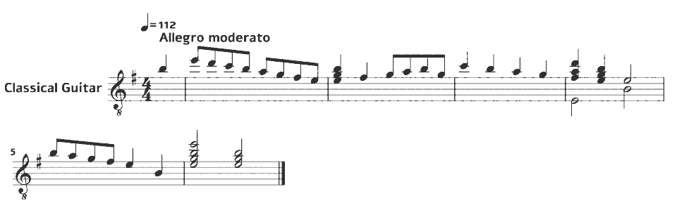 Die ersten Takte von Bourrée en mi menor, BWV 996 (arr.) von Johann Sebastian Bach in Notenschrift.