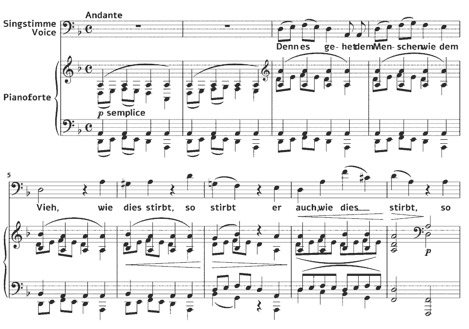Die ersten Takte von Op.121 Serious Songs: Denn es gehet dem Menschen wie dem Vieh von Johannes Brahms in Notenschrift.