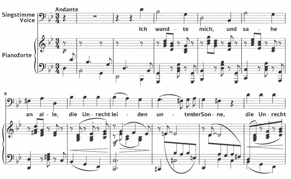 Die ersten Takte von Op.121 Serious Songs: Ich wandte mich und sahe von Johannes Brahms in Notenschrift.