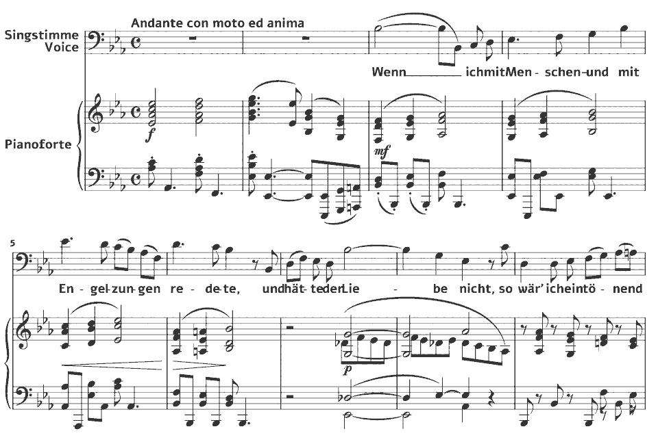 Die ersten Takte von Op.121 Serious Songs: Wenn ich mit Menschen- und mit Engelzungen redete von Johannes Brahms in Notenschrift.