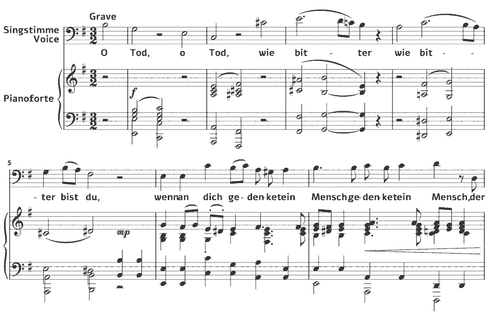 The opening bars of Op.121 Serious Songs: wie bitter bist du! O Tod by Johannes Brahms in music notation.
