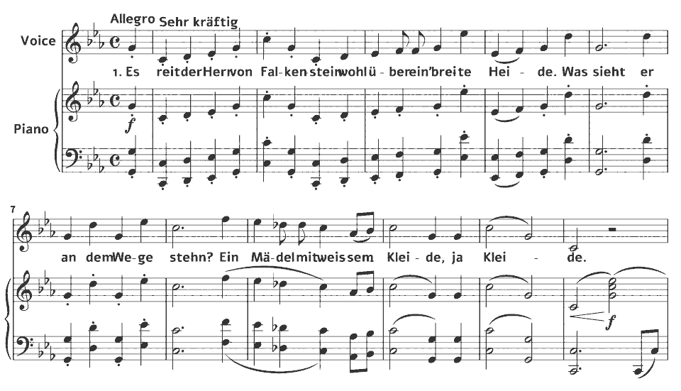 Die ersten Takte von Op.43 Songs: Das Lied vom Herrn von Falkenstein von Johannes Brahms in Notenschrift.