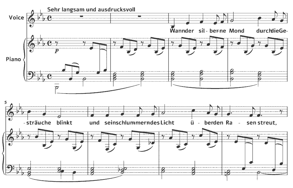 The opening bars of Op.43 Songs: Die Mainacht by Johannes Brahms in music notation.