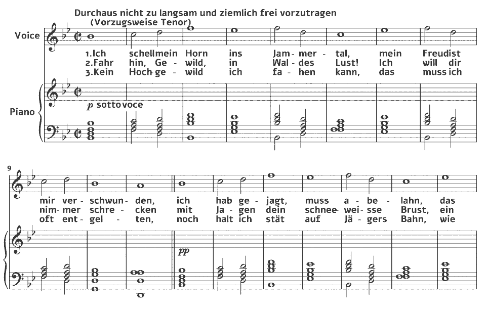 Die ersten Takte von Op.43 Songs: Ich schell mein Horn ins Jammertal von Johannes Brahms in Notenschrift.