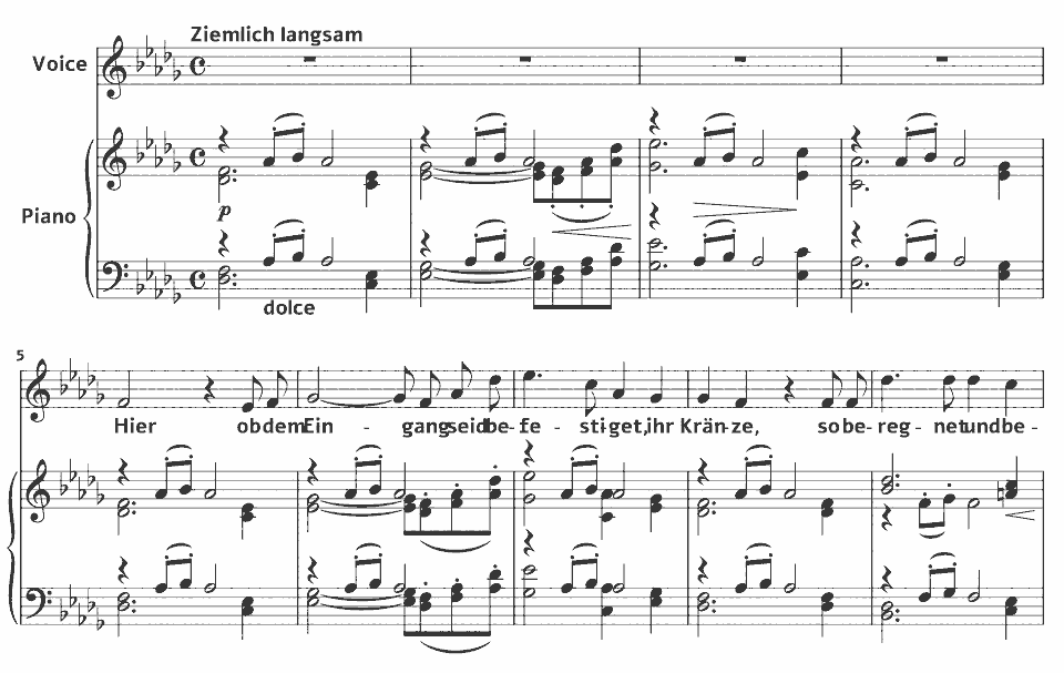The opening bars of Op.46 Gesänge: Die Kränze by Johannes Brahms in music notation.