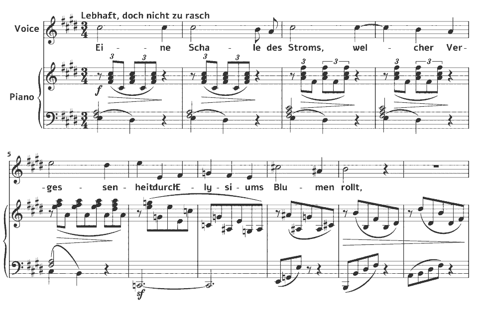 Die ersten Takte von Op.46 Gesänge: Die Schale der Vergessenheit von Johannes Brahms in Notenschrift.