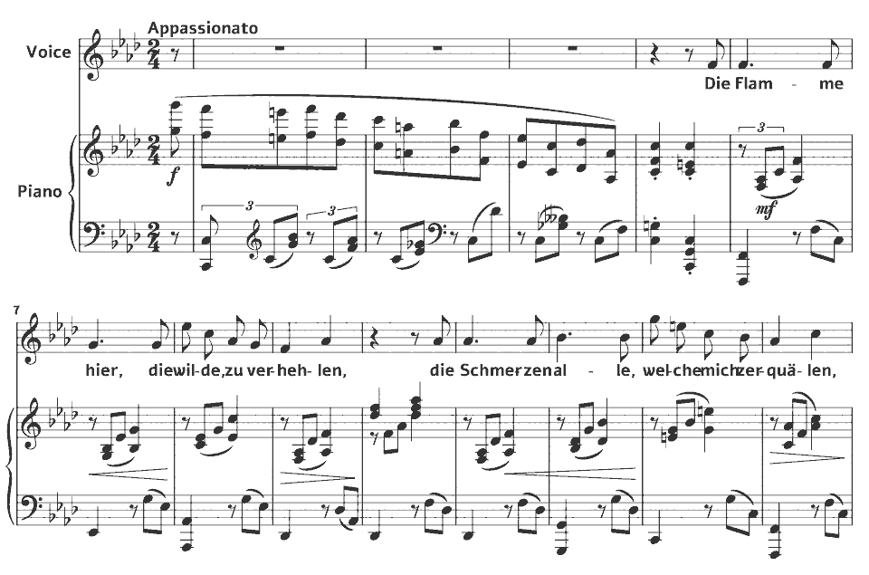 The opening bars of Op.47 Lieder: Liebesglut by Johannes Brahms in music notation.
