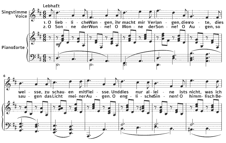 The opening bars of Op.47 Lieder: O liebliche Wangen by Johannes Brahms in music notation.