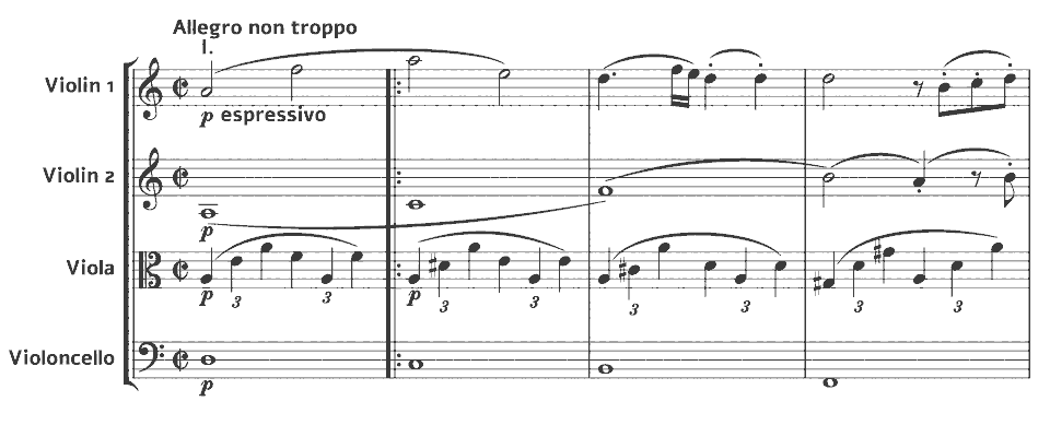 The opening bars of Op.51 No.2 String Quartet No.2 by Johannes Brahms in music notation.