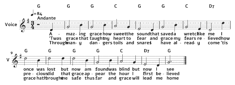 The opening bars of Amazing Grace by John Newton / American traditional (arr.) in music notation.