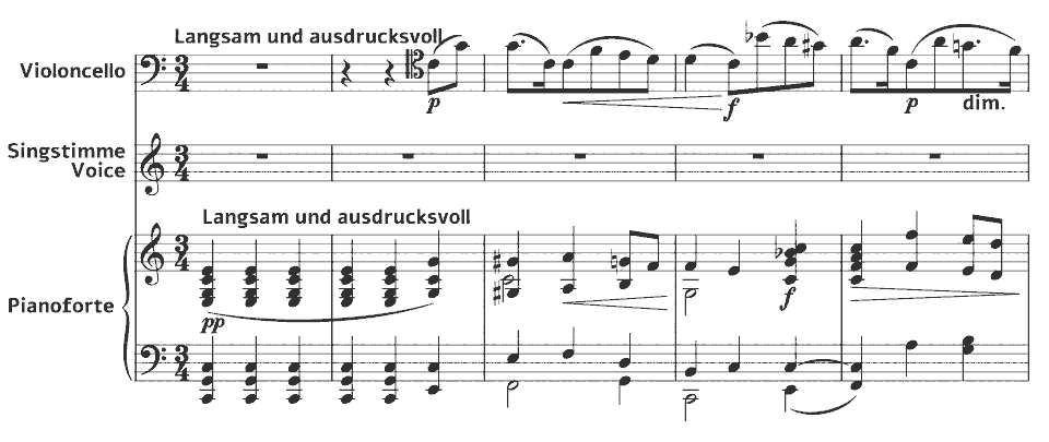 Die ersten Takte von Op.28 Lieder: mein Herz, so schweig auch du! Herz von Josephine Lang in Notenschrift.