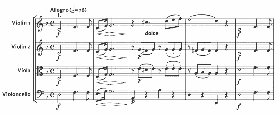 The opening bars of String Quartet No.1 in D minor by Juan Crisóstomo de Arriaga in music notation.