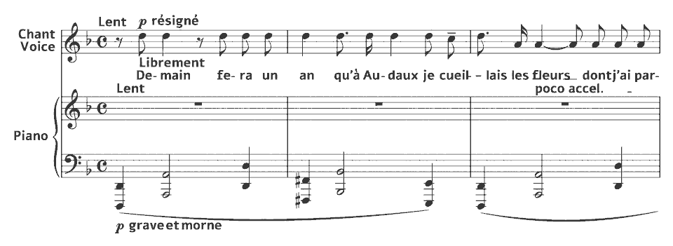 The opening bars of Clairières dans le ciel: Demain fera un an by Lili Boulanger in music notation.