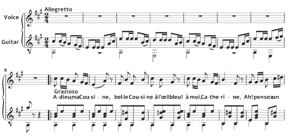 The opening bars of cousine Adieu by Loïsa Puget in music notation.