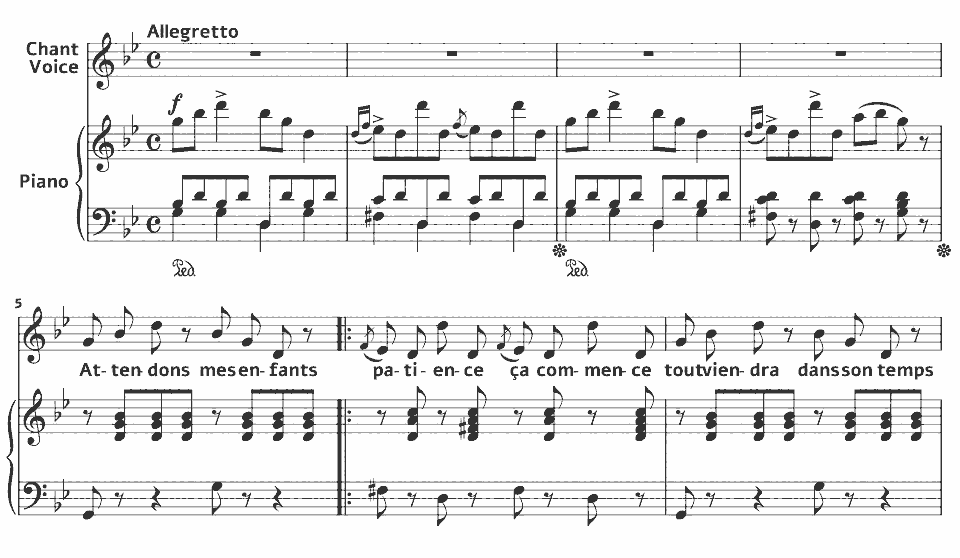 Die ersten Takte von Le bon curé patience von Loïsa Puget in Notenschrift.