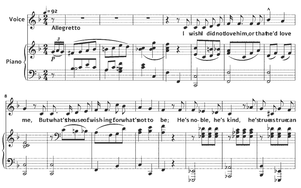 The opening bars of He doesn’t love me by Louisa Gray in music notation.