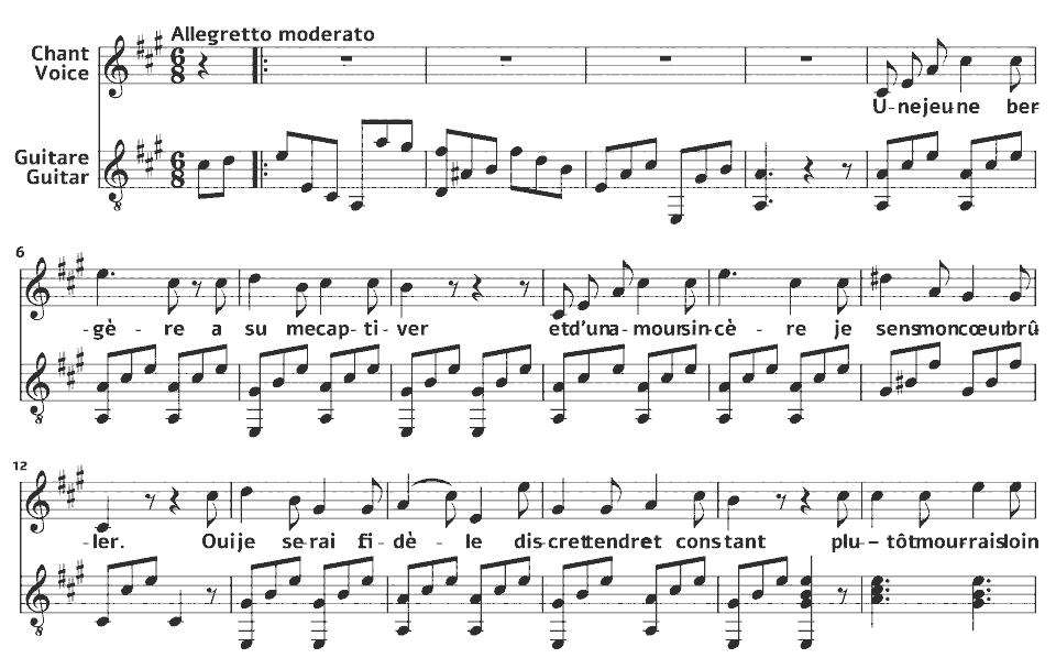 Die ersten Takte von Le berger fidèle von Louise Farrenc in Notenschrift.