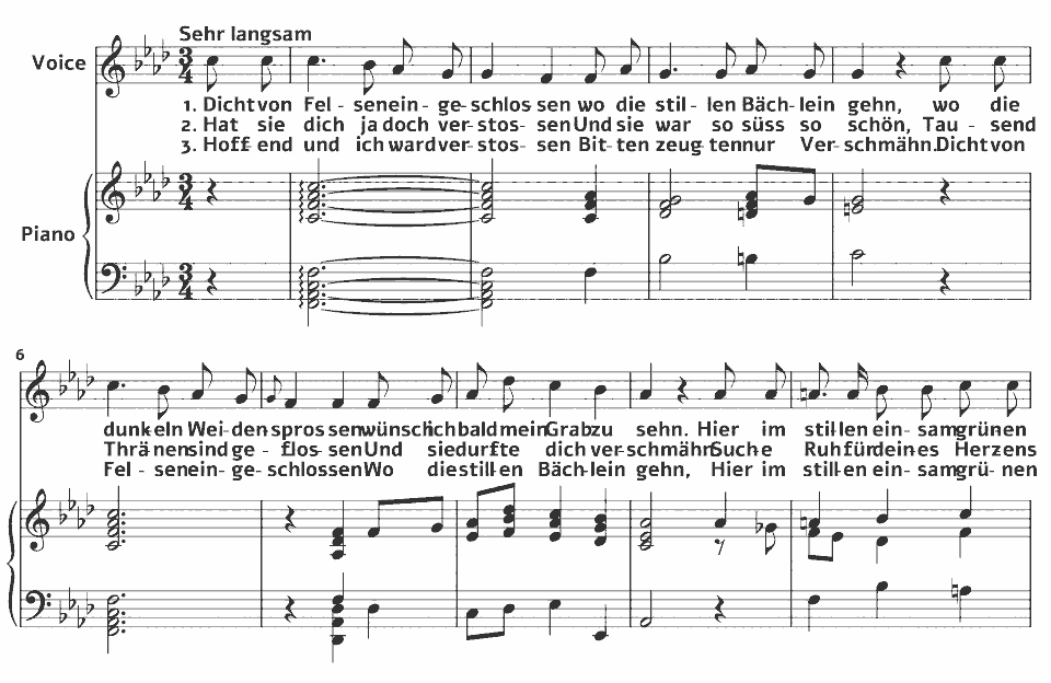 Die ersten Takte von Deutsche und Italiänische Romantische Gesänge: Aus Tiecks Genoveva von Louise Reichardt in Notenschrift.