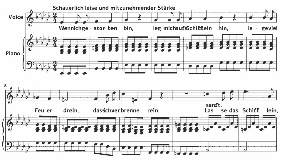 Die ersten Takte von Deutsche und Italiänische Romantische Gesänge: Ida (aus Ariels Offenbarungen) von Louise Reichardt in Notenschrift.