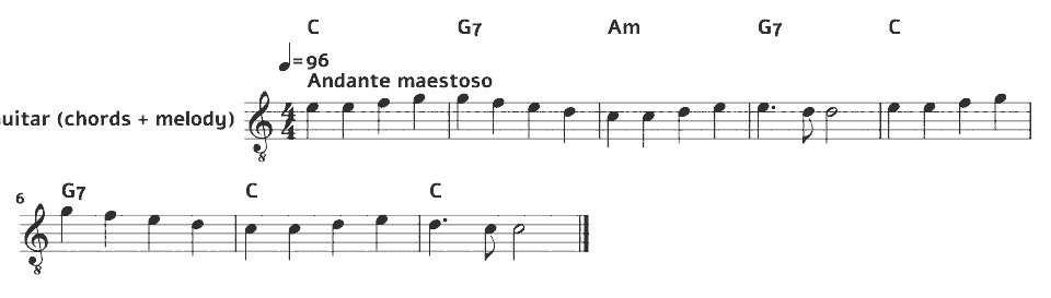 The opening bars of Ode to Joy (lead sheet, arr.) by Ludwig van Beethoven in music notation.