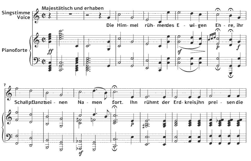 Die ersten Takte von Op.48 Lieder: Die Ehre Gottes aus der Natur von Ludwig van Beethoven in Notenschrift.