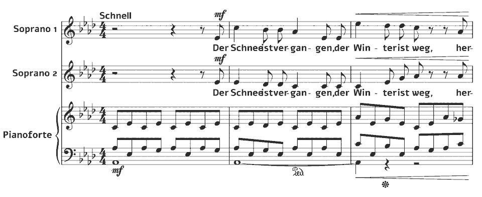 The opening bars of Op.6 Duette: Frühlingsanfang by Luise Adolpha Le Beau in music notation.