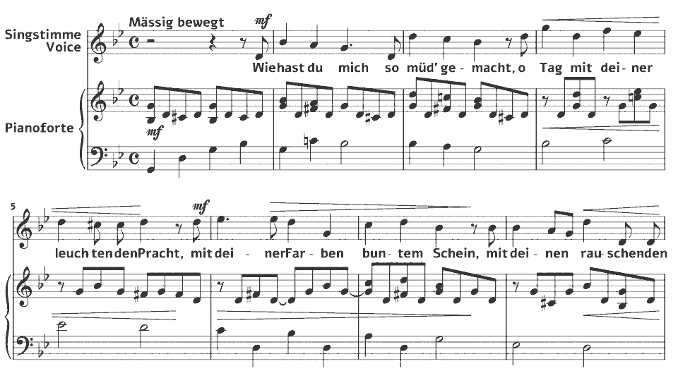 Die ersten Takte von Op.7 Lieder: Gruss an die Nacht von Luise Adolpha Le Beau in Notenschrift.