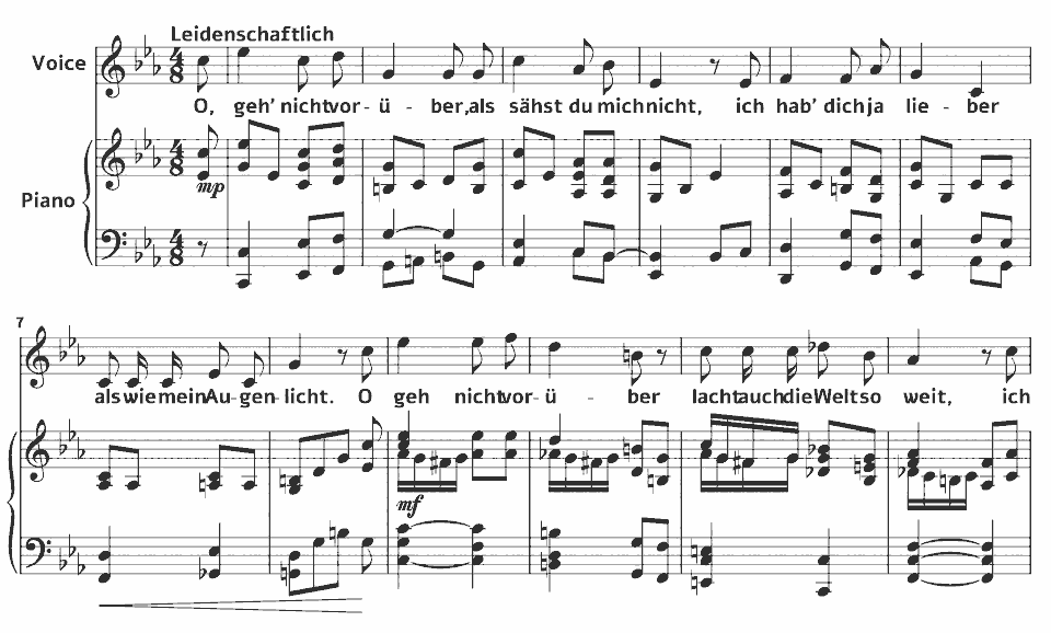 Die ersten Takte von Opp.122-124 Lieder: geh nicht vorüber O von Luise Greger in Notenschrift.