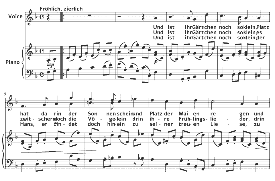 Die ersten Takte von Opp.122-124 Lieder: Ihr Gärtchen von Luise Greger in Notenschrift.