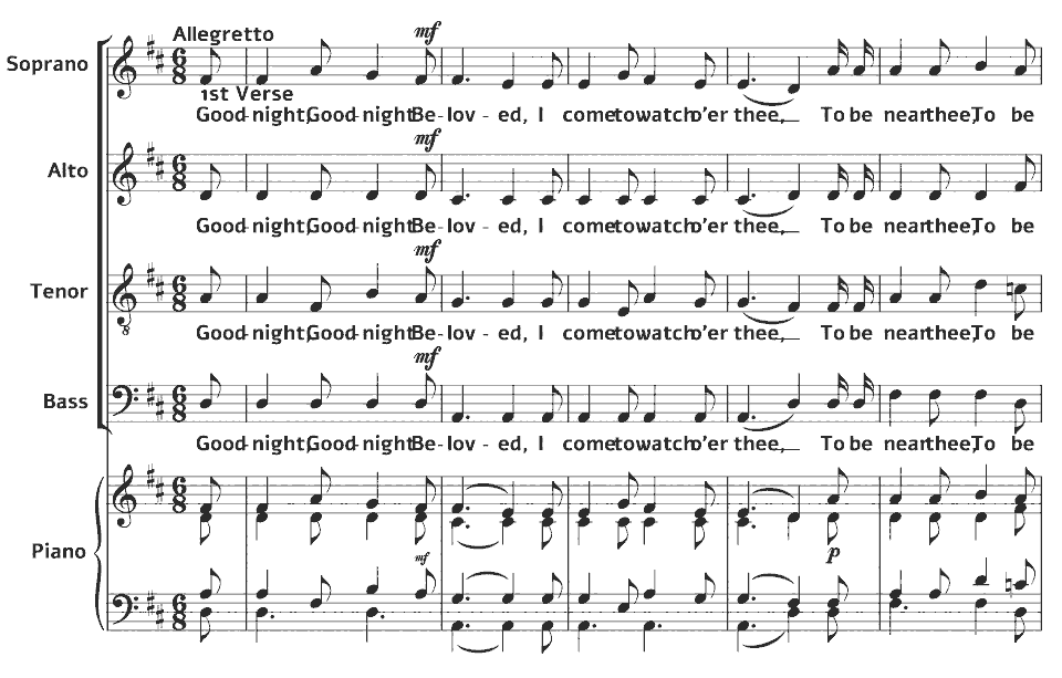 The opening bars of good night beloved Good night by Maria Lindsay in music notation.