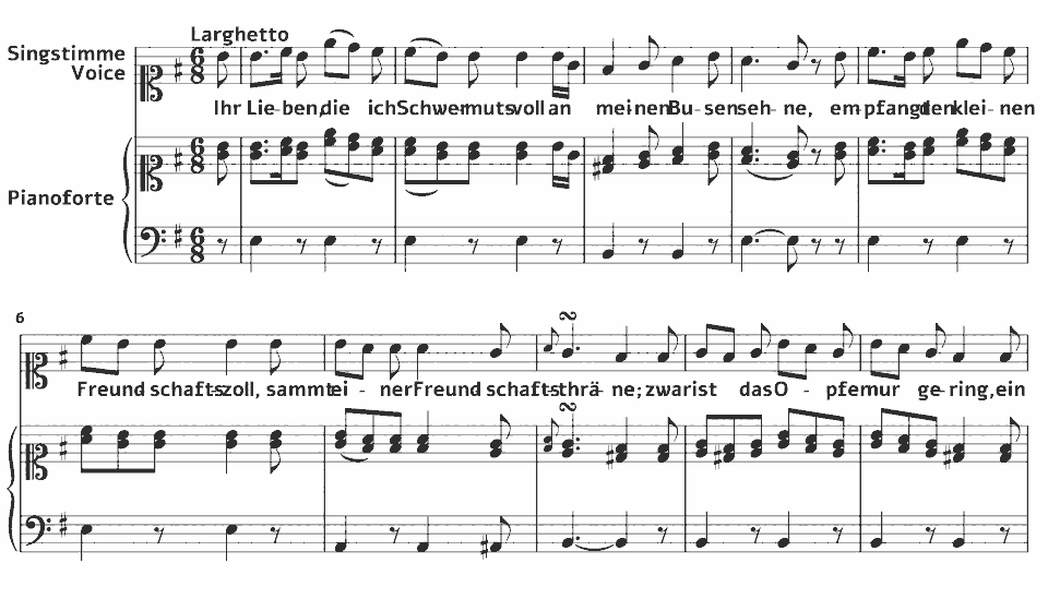 Die ersten Takte von 1786 Lieder: An meine entfernte Lieben von Maria Theresia von Paradis in Notenschrift.