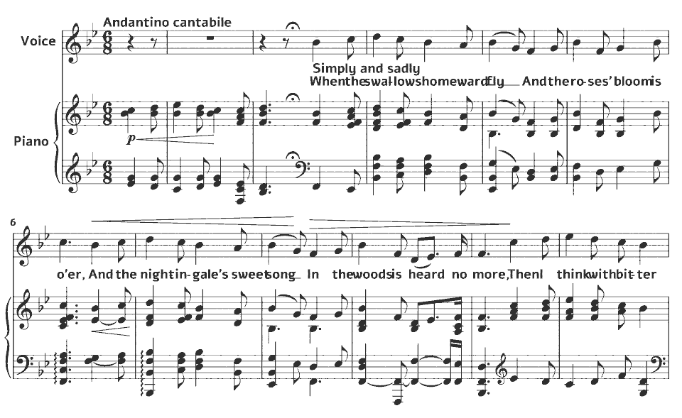 The opening bars of Little Songs: When the Swallows Homeward Fly by Maude Valérie White in music notation.