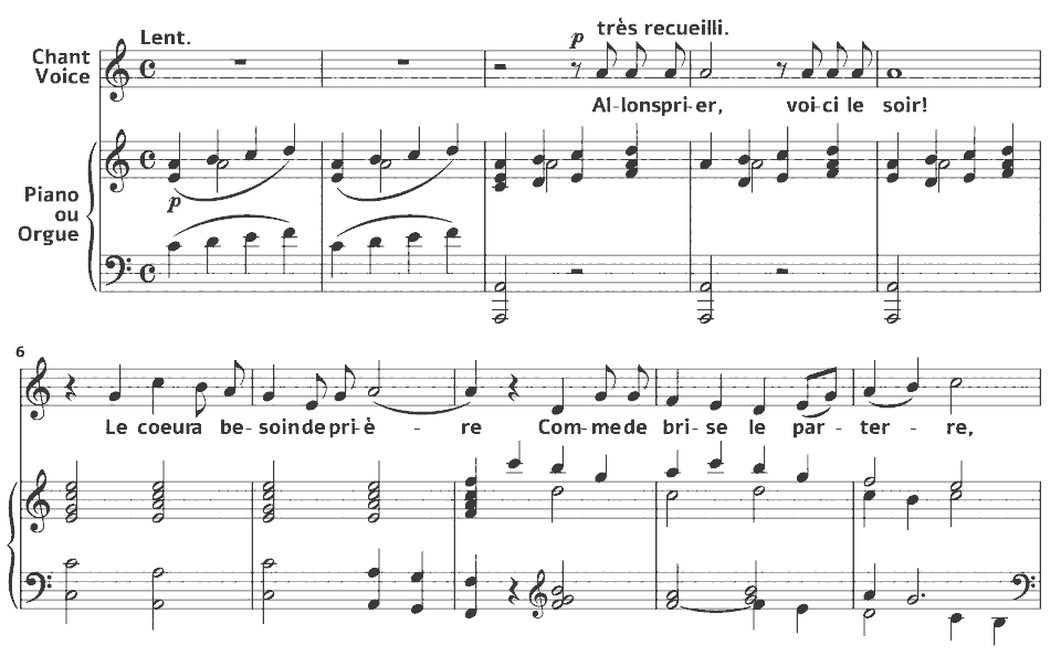 The opening bars of Allons prier! by Mel Bonis in music notation.