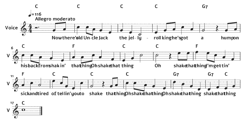 Die ersten Takte von Shake That Thing von Papa Charlie Jackson (arr.) in Notenschrift.