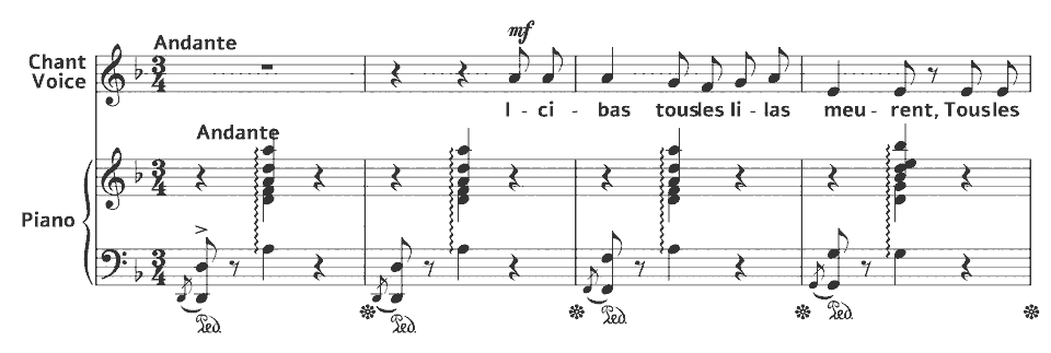 Die ersten Takte von VWV 1133-11371176 Mélodies: VWV 1176 Ici-bas tous les lilas meurent von Pauline Viardot in Notenschrift.