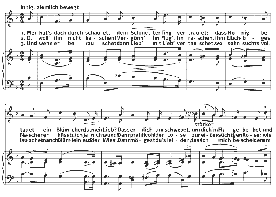 Die ersten Takte von Op.1 Lieder: Schmetterling von Peter Cornelius in Notenschrift.