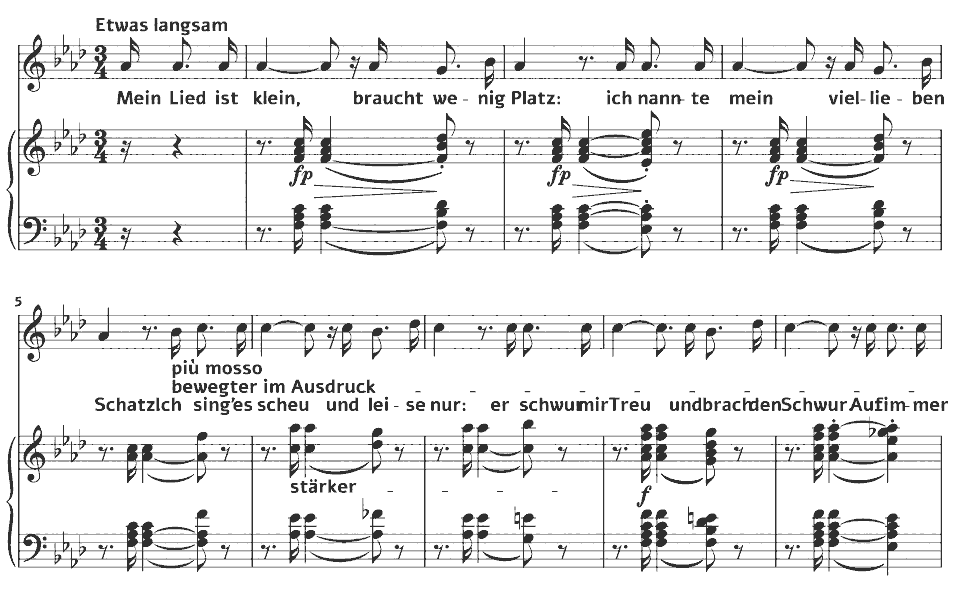 Die ersten Takte von Op.1 Lieder: Untreu von Peter Cornelius in Notenschrift.