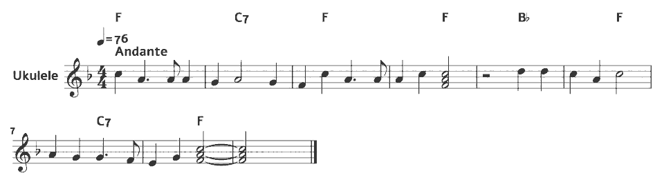 Die ersten Takte von Aloha ʻoe von Queen Liliʻuokalani (arr.) in Notenschrift.