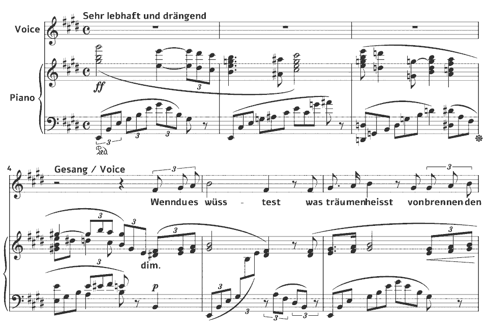 Die ersten Takte von Op.27 Lieder: Cäcilie von Richard Strauss in Notenschrift.