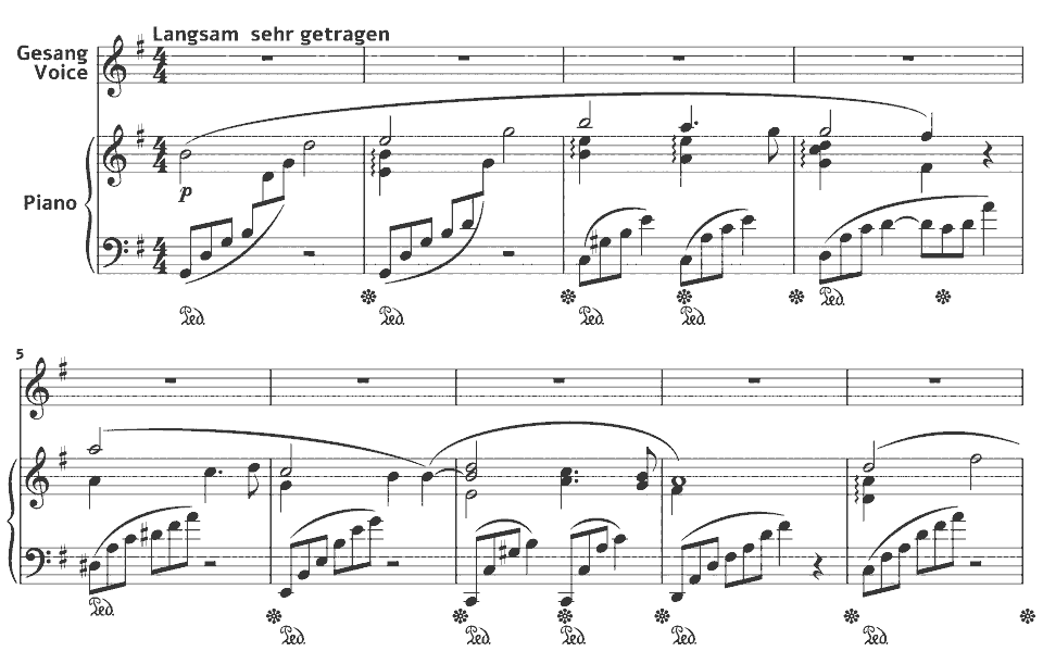 Die ersten Takte von Op.27 Lieder: Morgen! von Richard Strauss in Notenschrift.