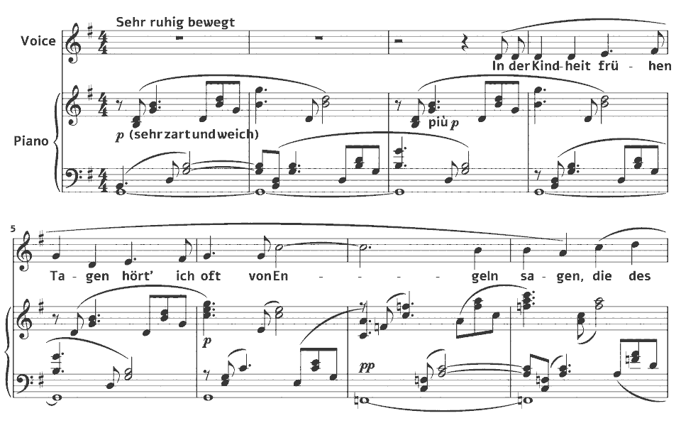 Die ersten Takte von WWV 91 Gedichte für eine Frauenstimme (Wesendonck-Lieder): Der Engel von Richard Wagner in Notenschrift.