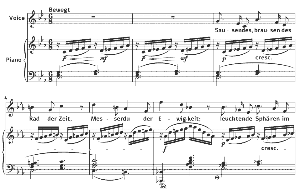 Die ersten Takte von WWV 91 Gedichte für eine Frauenstimme (Wesendonck-Lieder): Stehe still! von Richard Wagner in Notenschrift.