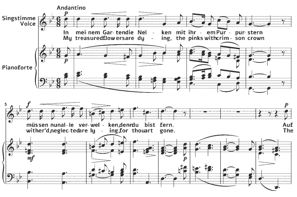 Die ersten Takte von Op.1 Gesänge: In meinem Garten die Nelken von Robert Franz in Notenschrift.