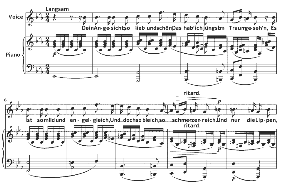 Die ersten Takte von Op.127 Lieder und Gesänge: Dein Angesicht von Robert Schumann in Notenschrift.