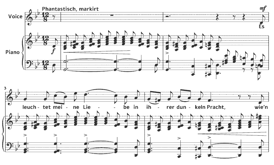 Die ersten Takte von Op.127 Lieder und Gesänge: Es leuchtet meine Liebe von Robert Schumann in Notenschrift.