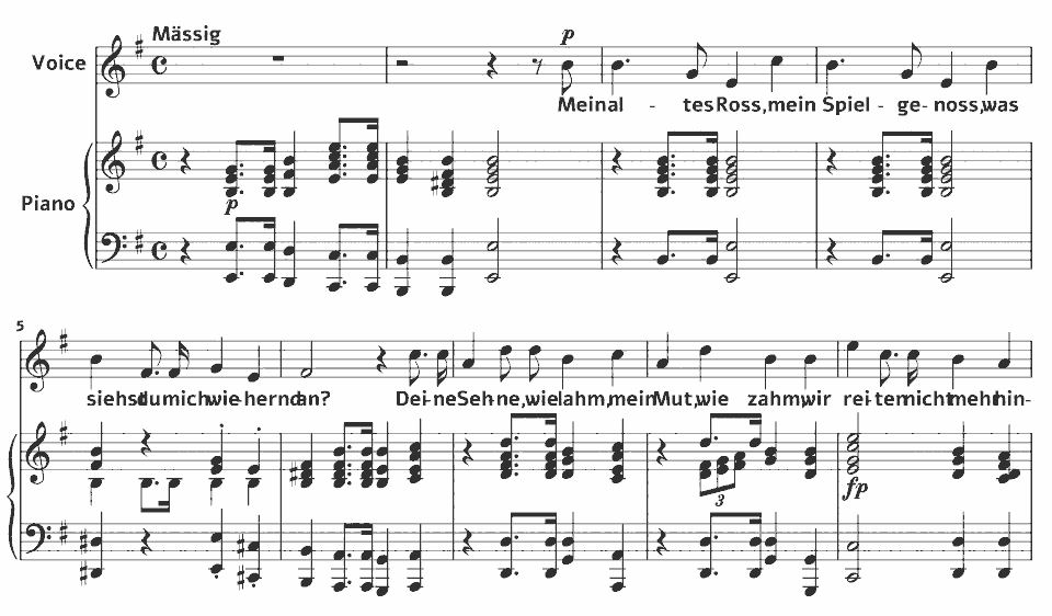 The opening bars of Op.127 Lieder und Gesänge: Mein altes Ross by Robert Schumann in music notation.