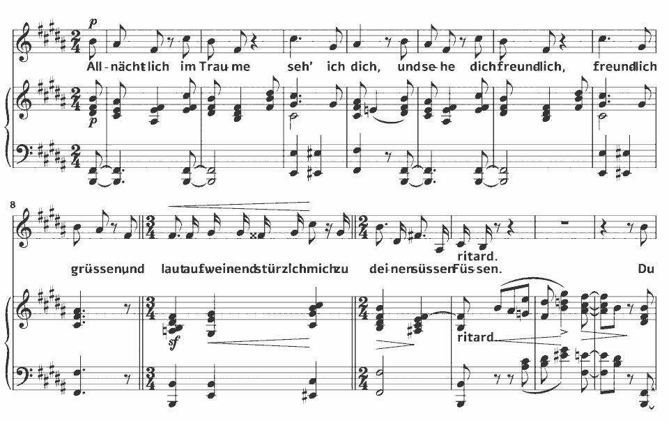 The opening bars of Op.48 Dichterliebe: Allnächtlich im Traume by Robert Schumann in music notation.
