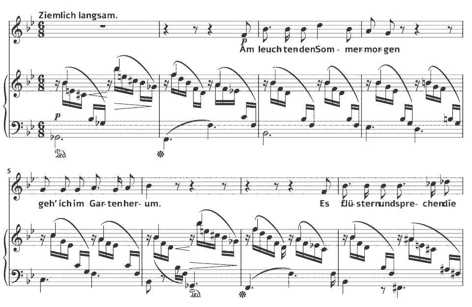 Die ersten Takte von Op.48 Dichterliebe: Am leuchtenden Sommermorgen von Robert Schumann in Notenschrift.