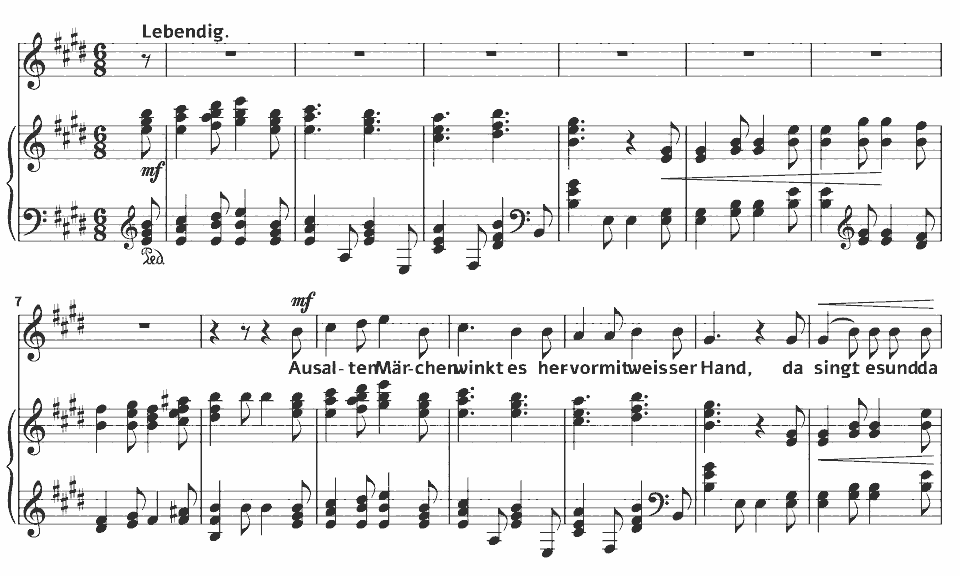 Die ersten Takte von Op.48 Dichterliebe: Aus alten Märchen winkt es von Robert Schumann in Notenschrift.
